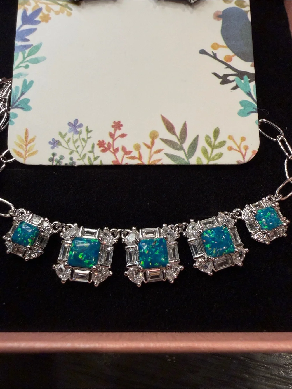 Bomb Party Sterling-Tone Blue Opal Square Necklace and Stud Earrings Set